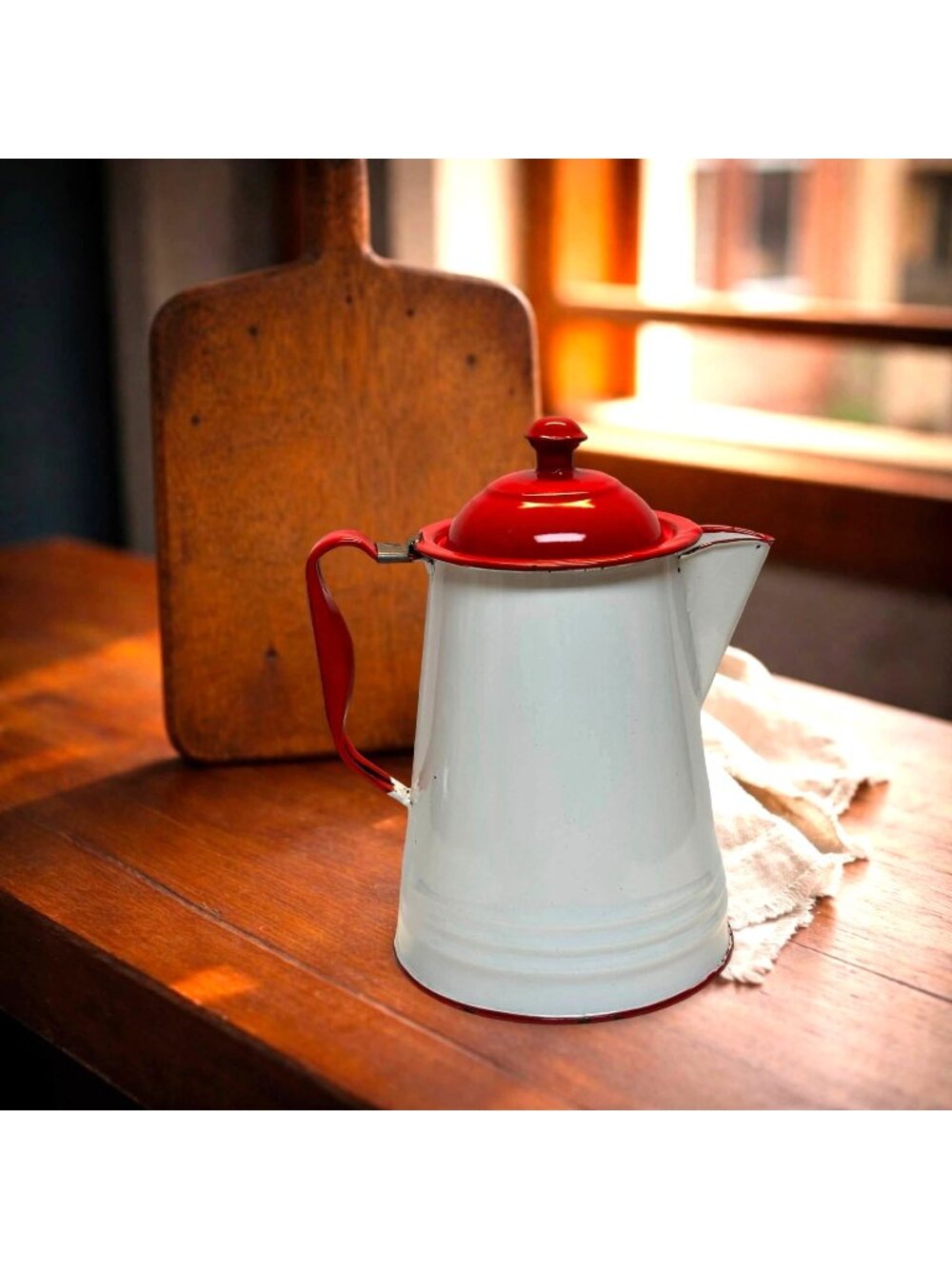 Vintage Red & White Enamelware Coffee Pot With Lid – Rustic Farmhouse Décor Piec - Picture 1 of 8